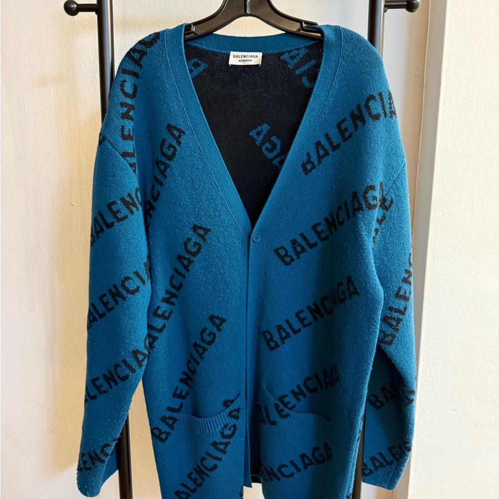 Balenciaga Blue Logo Cardigan Sweater V-Neck